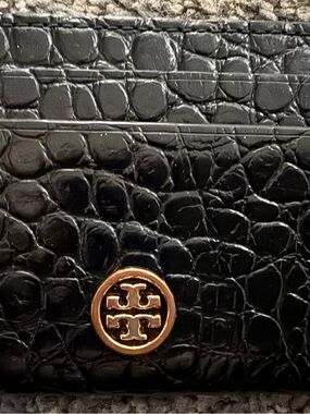 Tory Burch Black Croc-Embossed Card Case with Gold Logo